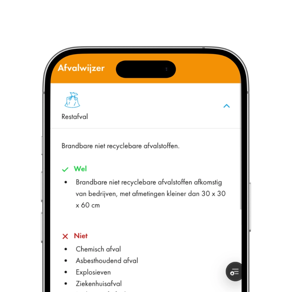 Via MijnBedrijfsafval kun je gemakkelijk de afvalwijzer zien wat er wel/niet bij restafval mag.
