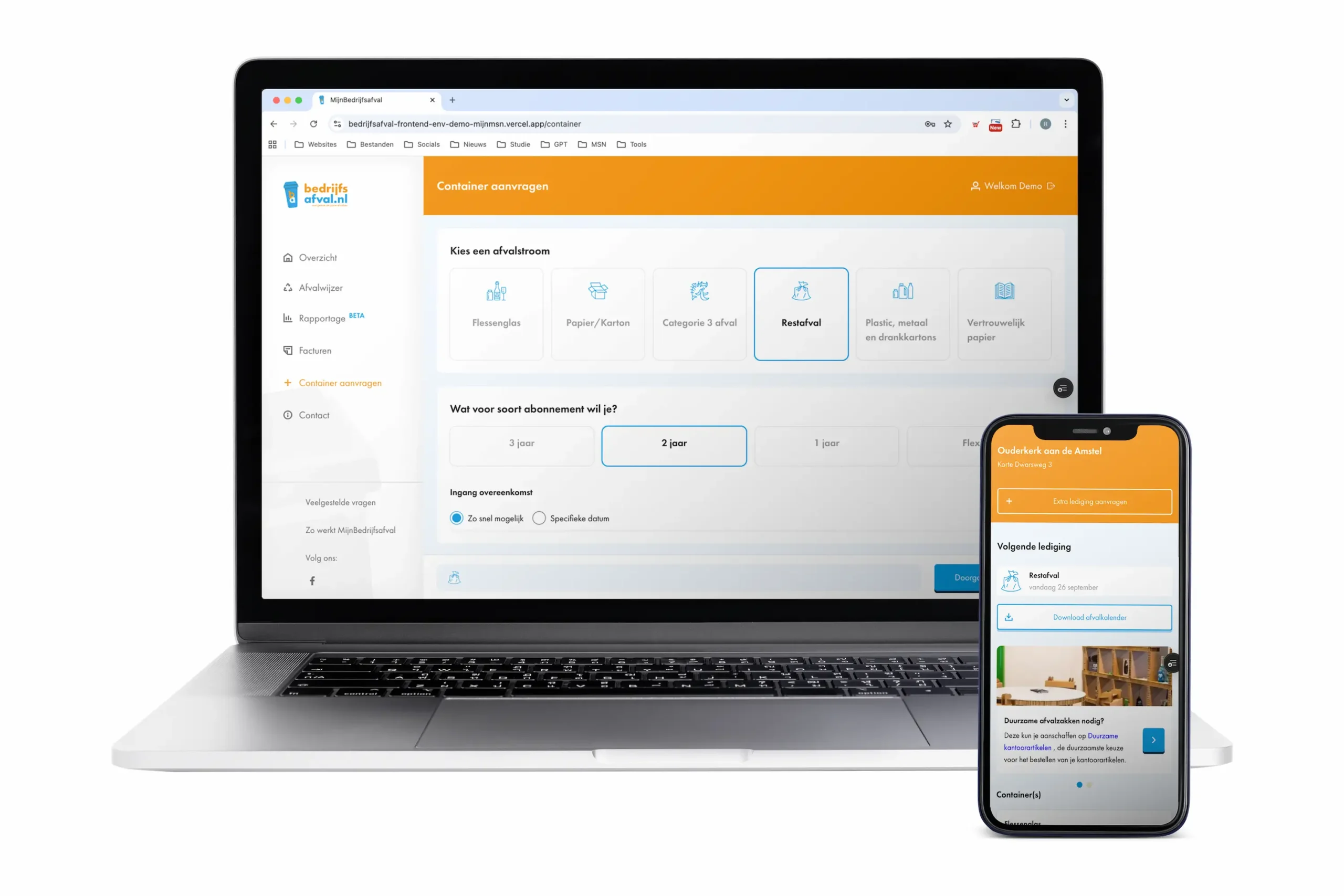 Een digitaal overzicht van MijnBedrijfsafval