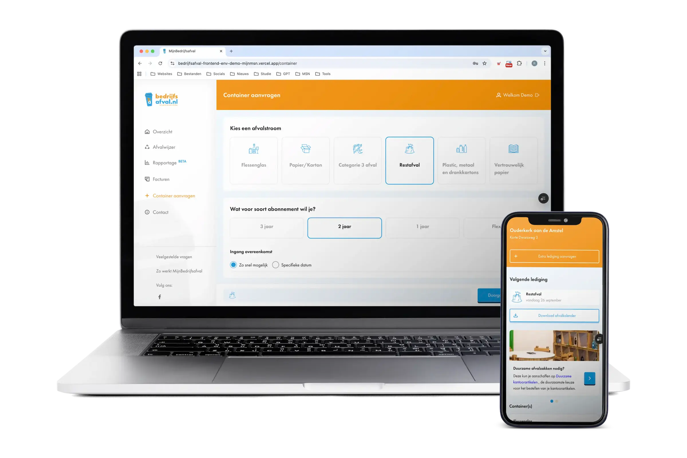 Een Mockup van MijnBedrijfsafval van desktop en voor mobiel